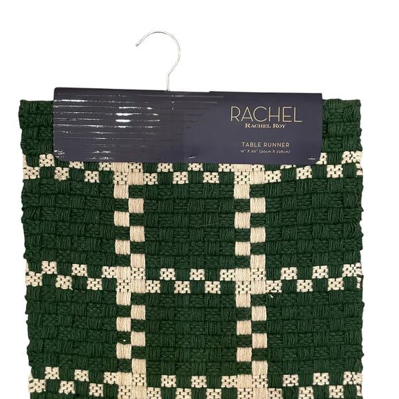 Rachel Roy Checkered Jute Table Runner 16x90 Christmas Holiday Green Cream New - Picture 5 of 12